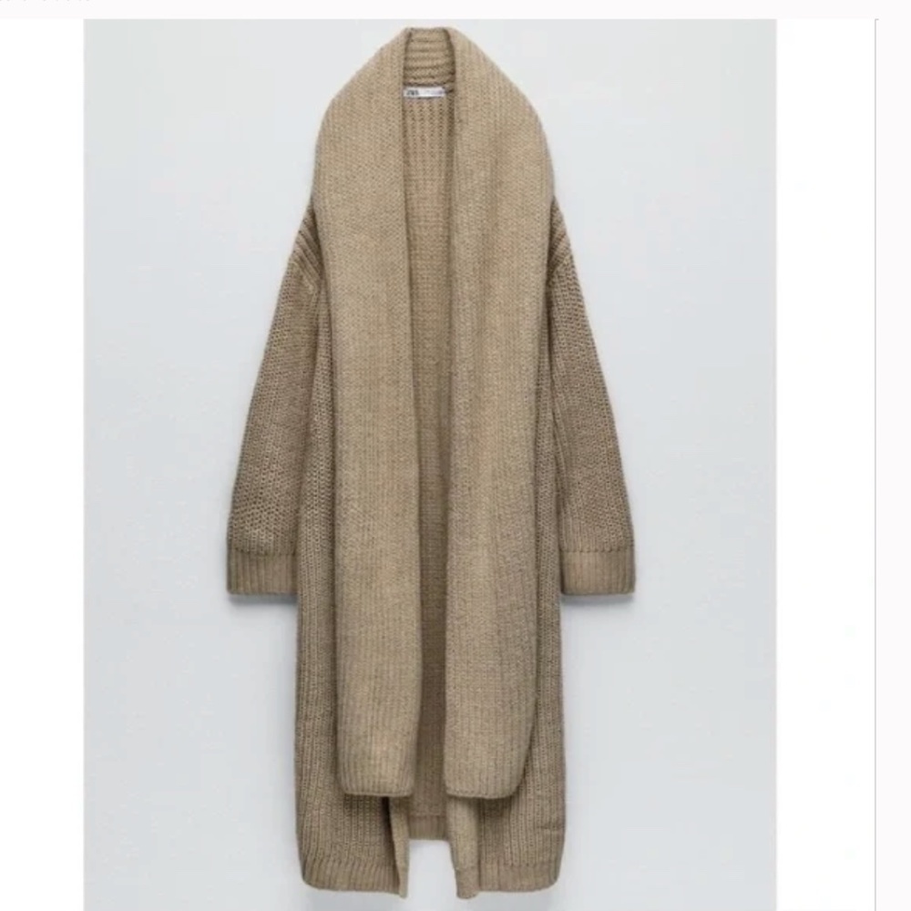 Zara Long Ribbed Knit Cardigan with Scarf - Beige - Picture 3 of 8